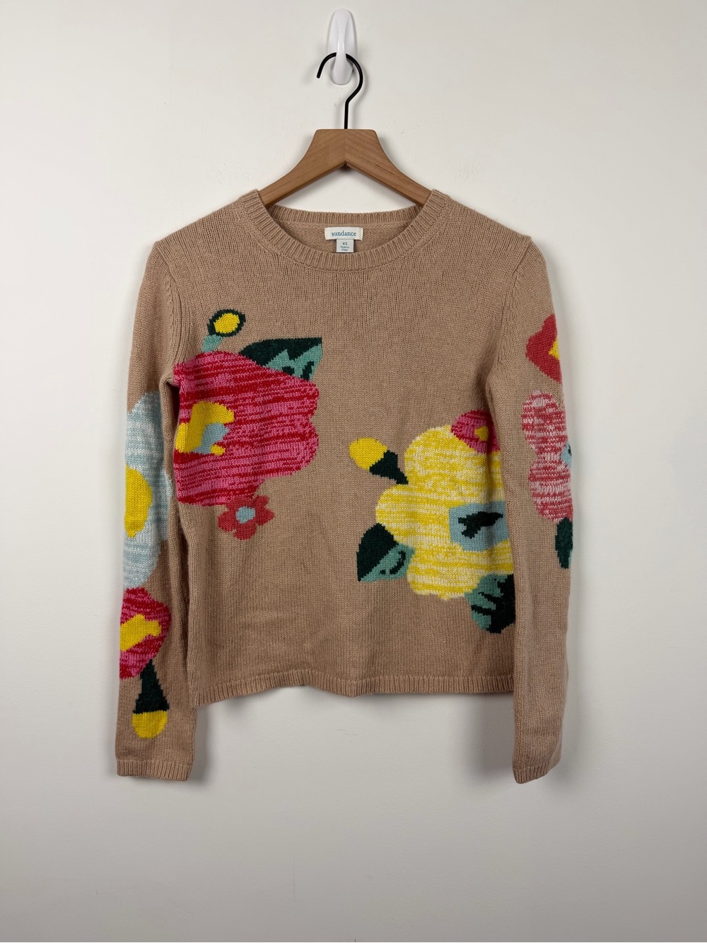 Sundance Winter Flowers Sweater Tan Floral Crewneck Lambswool Cashmere XS